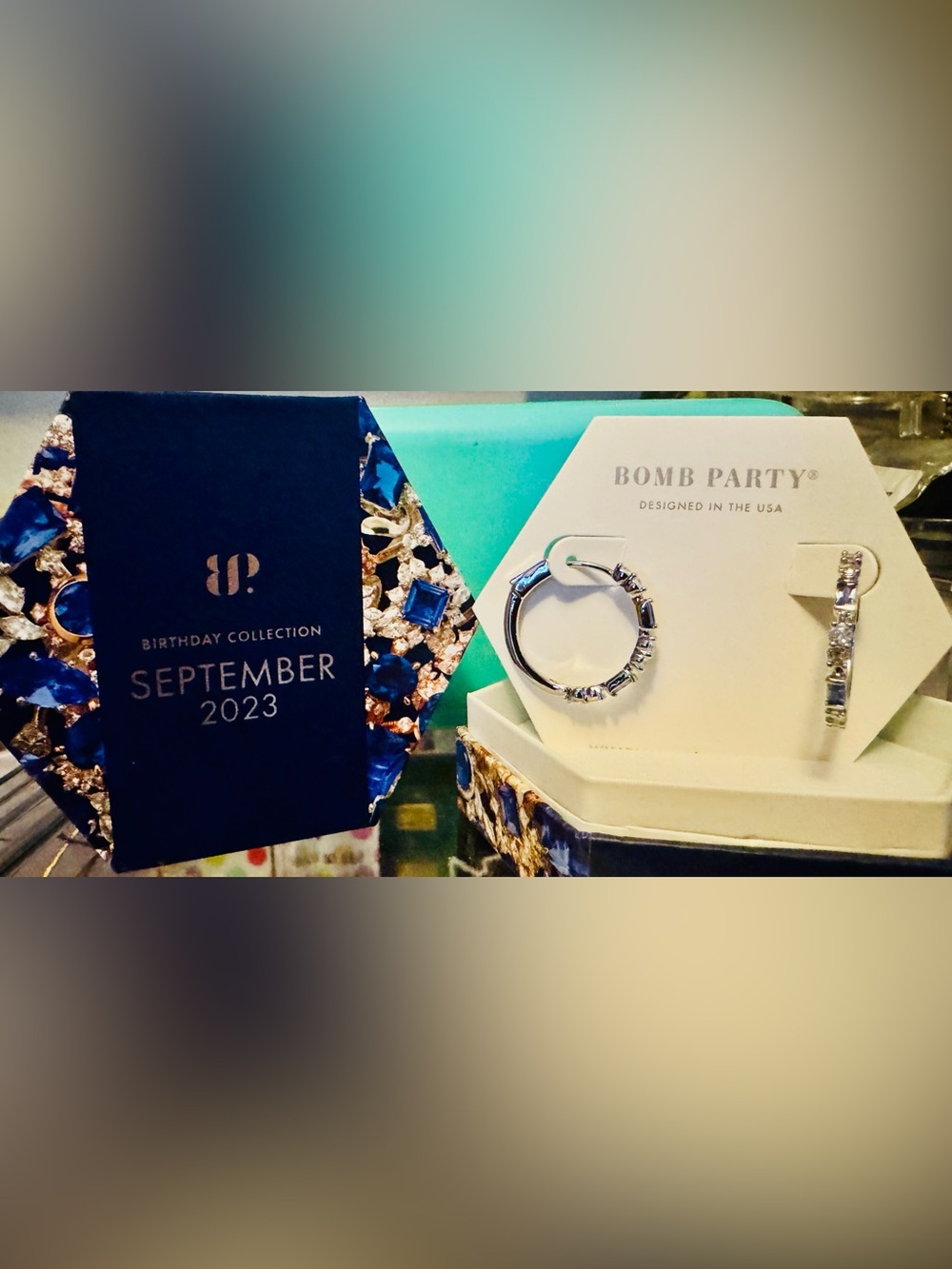 Bomb Party Sept. 2023 Rhodium plating Sapphire Cubic Zirconia Hoop & Bar Earring